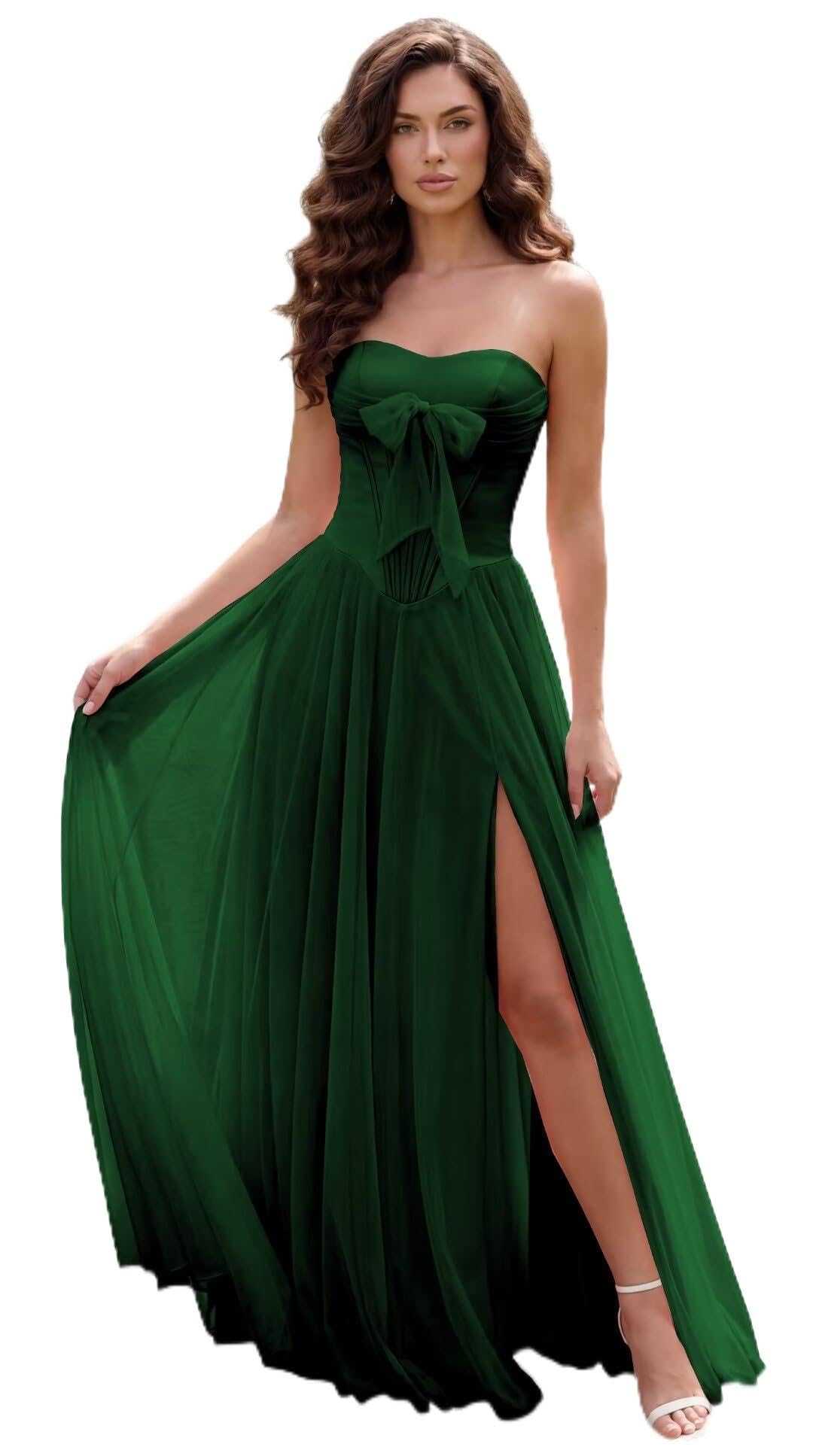Strapless Chiffon Bow Prom Dresses 2026 Corset Chiffon Pleated A Line Formal Dress