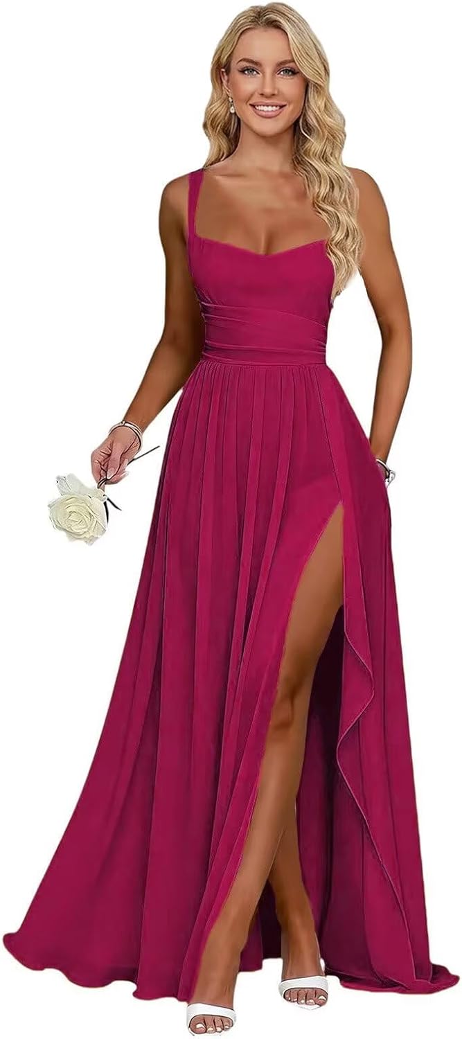 Ruffle Chiffon Bridesmaid Dress Long Square Neck Pleated Formal Gowns with Slit for Women Plus Size Spaghetti Straps Ruffles