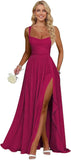Ruffle Chiffon Bridesmaid Dress Long Square Neck Pleated Formal Gowns with Slit for Women Plus Size Spaghetti Straps Ruffles