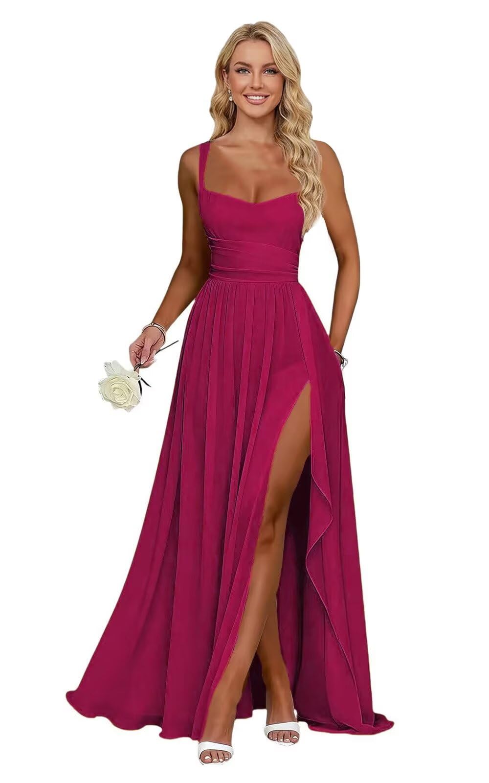 Ruffle Chiffon Bridesmaid Dress Long Square Neck Pleated Formal Gowns with Slit for Women Plus Size Spaghetti Straps Ruffles