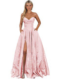 Strapless Jacquard Satin Prom Dresses for Women Corset A Line Long Formal Evening Party Gowns with Slit