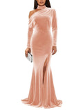 Mermaid Velvet Prom Dresses with Slit 2027 Long Sleeve Formal Dress for Women One Shoulder Evening Party Gowns