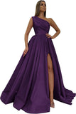 Women's One Shoulder Prom Dresses 2026 Long Slit Satin Formal Evening Gowns with Pockets