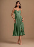 Floral Satin Midi Wedding Guest Dresses Pleated Tea Length Formal Evening Party Gowns