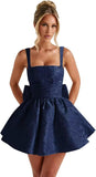 Jacquard Satin Homecoming Dresses for Teens Spaghetti Straps Short Prom Dress A-line Cocktail Party Gowns with Bow