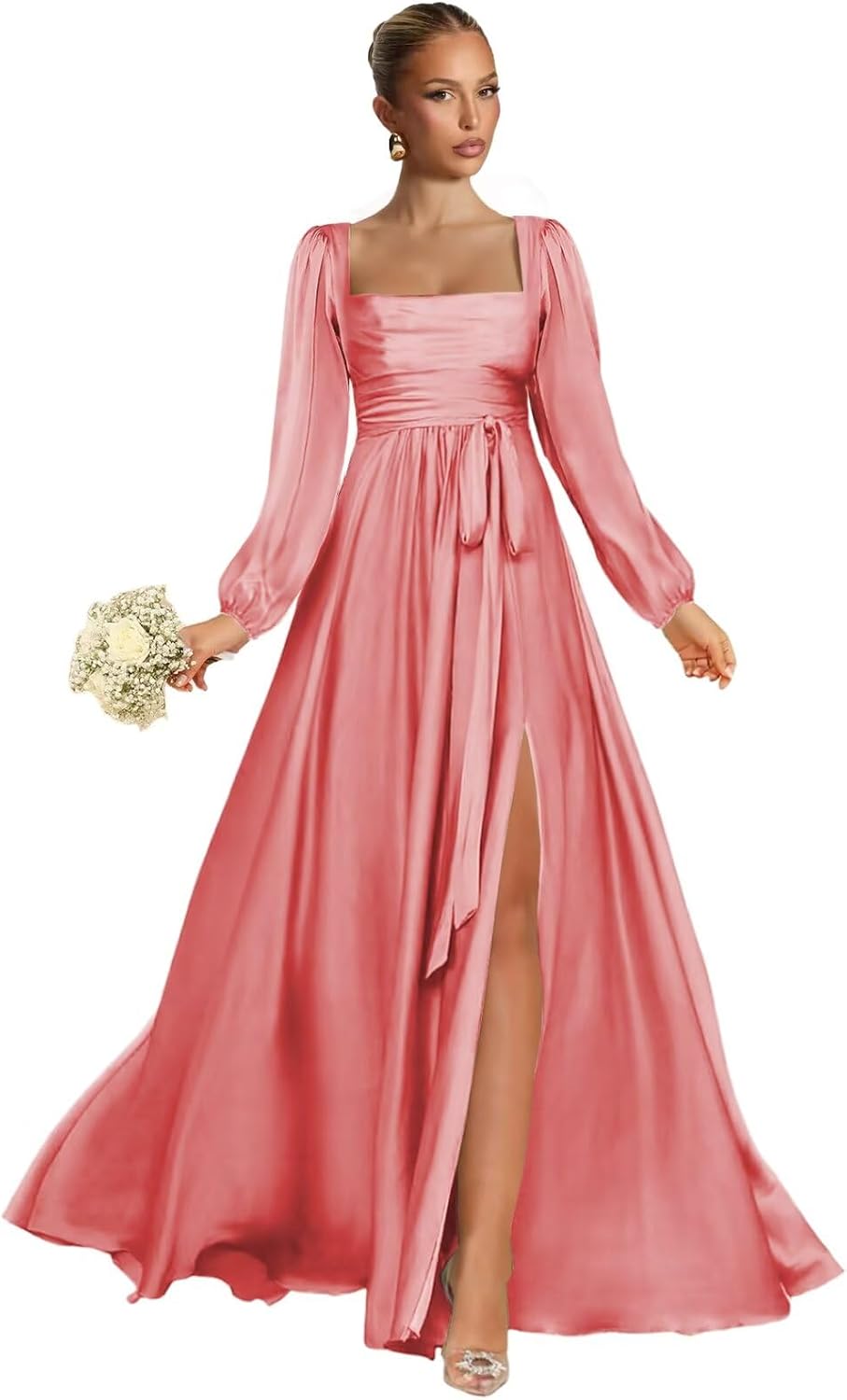 Satin Bridesmaid Dresses with Slit Long Sleeve Square Neck A Line Maxi Formal Dress