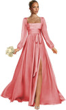 Satin Bridesmaid Dresses with Slit Long Sleeve Square Neck A Line Maxi Formal Dress