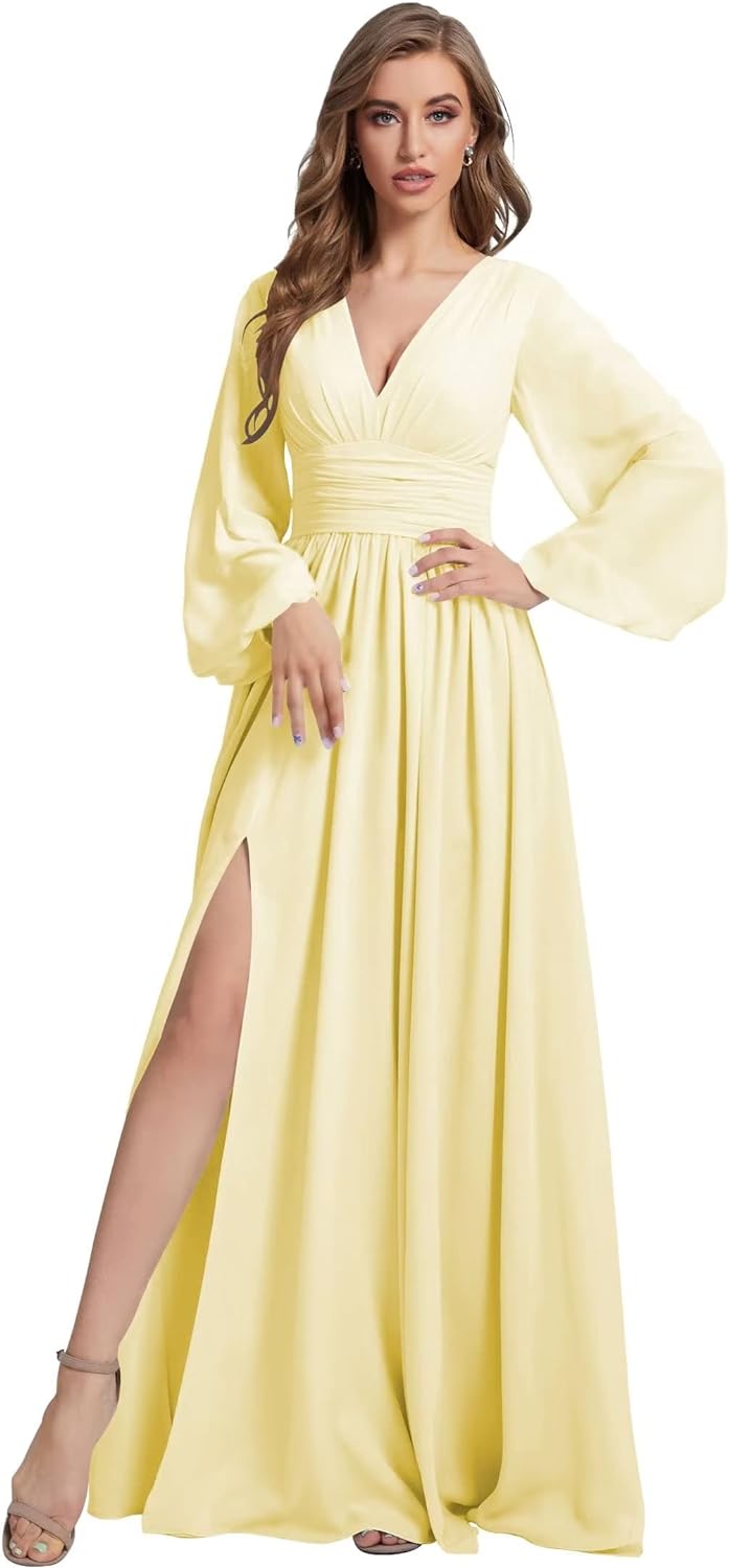 Womens V-Neck Long Sleeve Bridesmaid Dresses with Slit 2024 Ruched A-line Chiffon Prom Formal Dresses