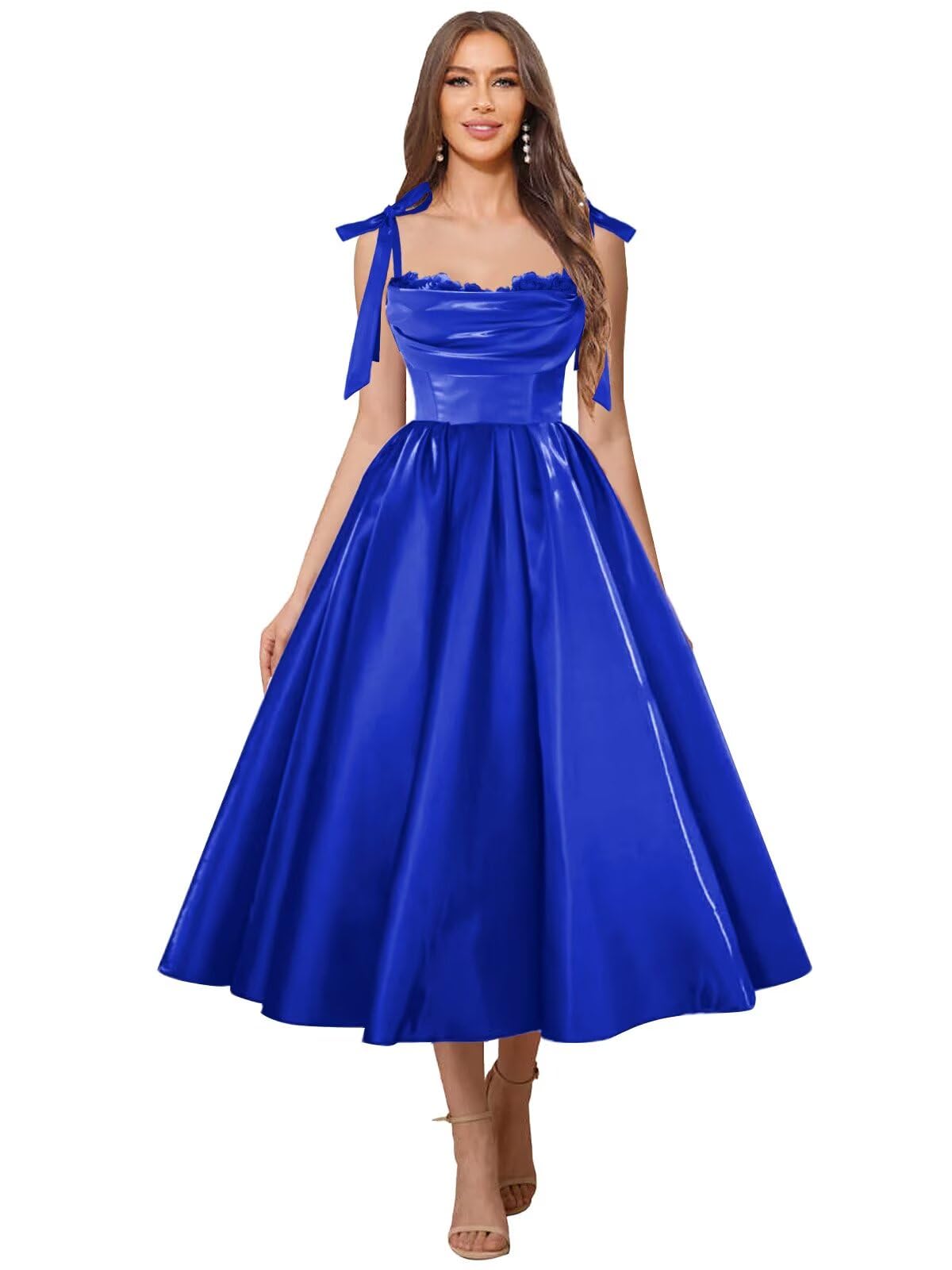Satin Prom Dresses for Women Spaghetti Straps Corset A-Line Ball Formal Gowns Tea Length with Pockets