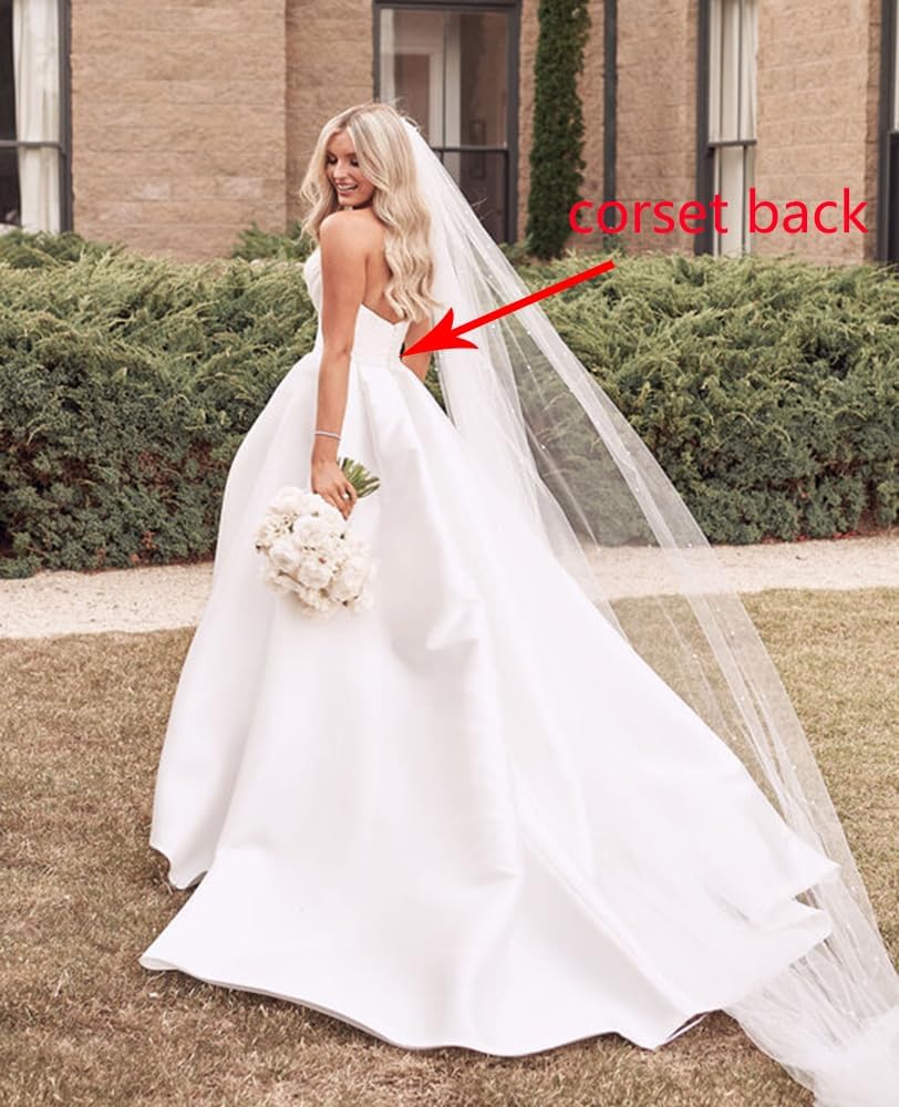 Strapless Satin Prom Wedding Dresses with Slit Long Pleats Formal Ball Bridal Gowns with Pockets