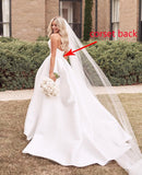 Strapless Satin Prom Wedding Dresses with Slit Long Pleats Formal Ball Bridal Gowns with Pockets