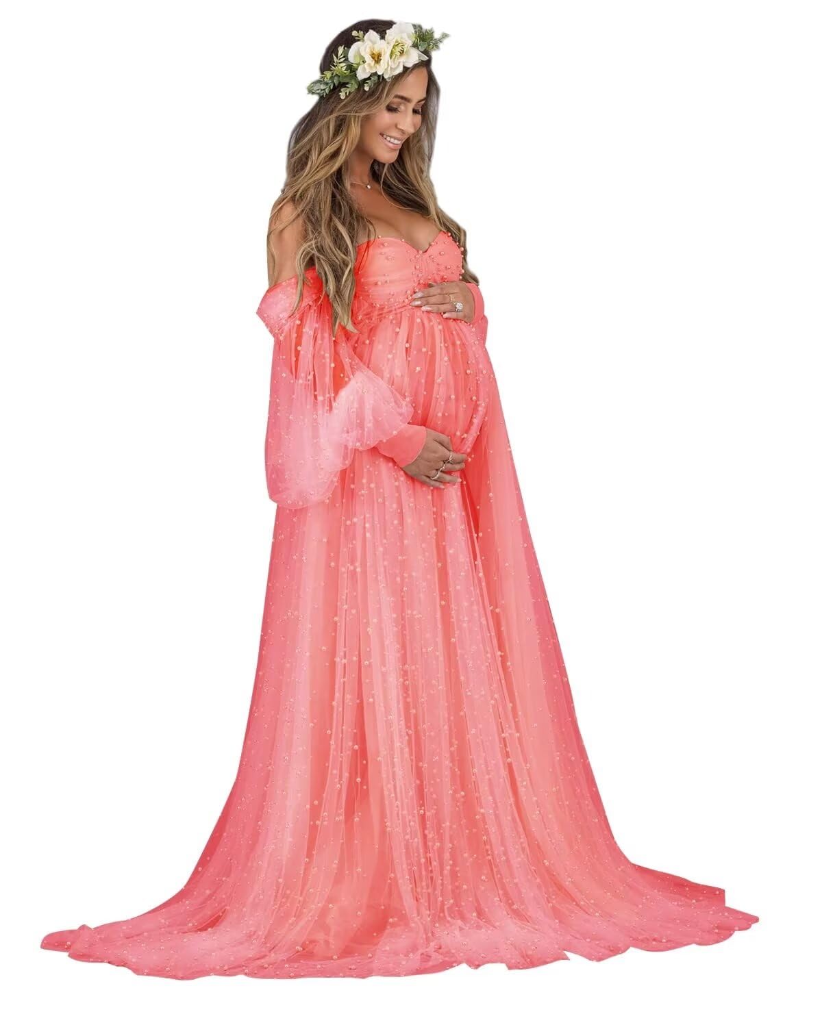 Kingbridal Pearl Tulle Maternity Dress for Photoshoot Long Puffy Sleeve Pregnancy Gown