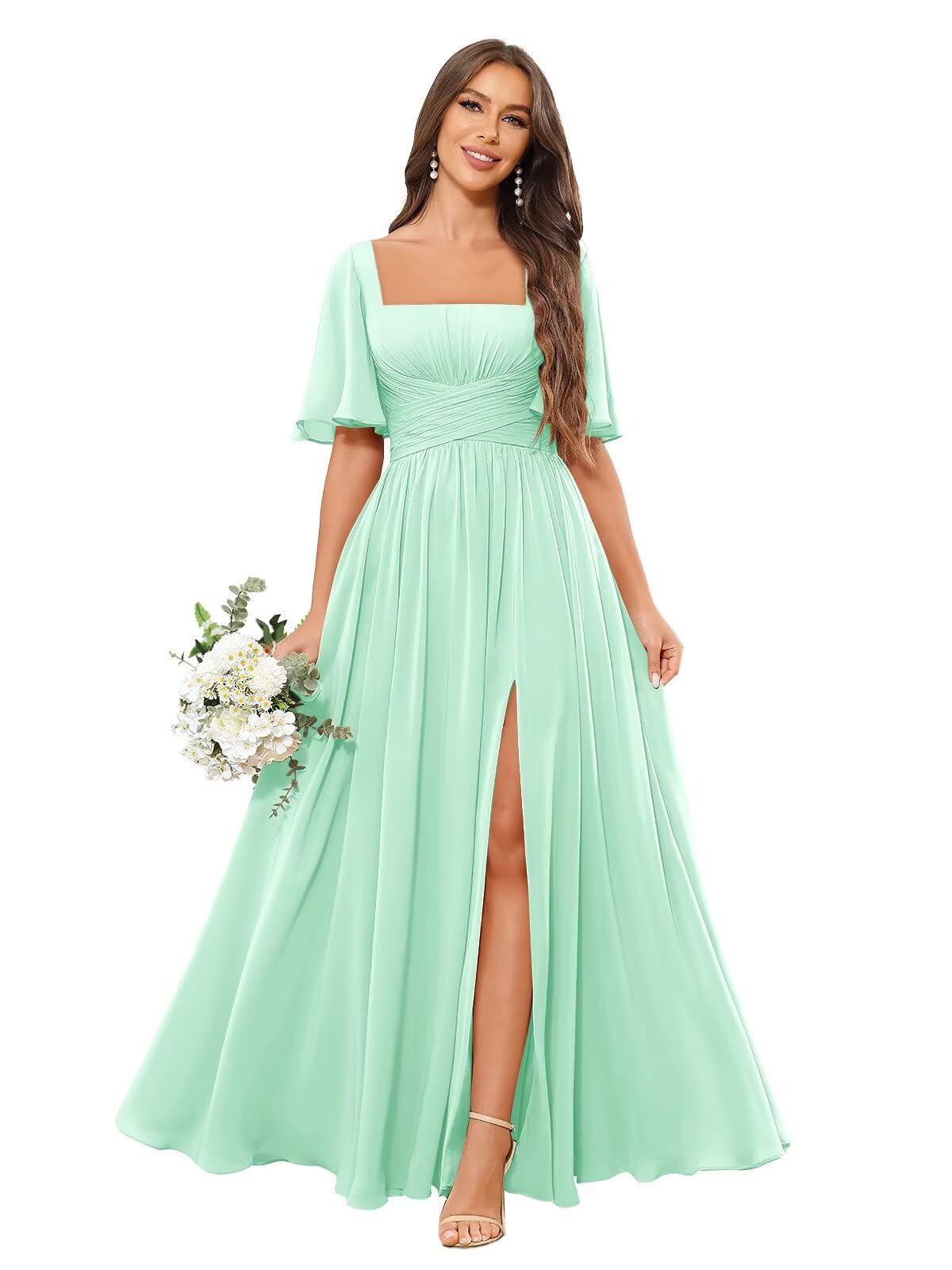 Square Neck Bridesmaid Dresses with Slit Pockets Flutter Sleeve Long Chiffon Formal Wedding Guest Dress