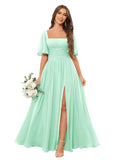 Square Neck Bridesmaid Dresses with Slit Pockets Flutter Sleeve Long Chiffon Formal Wedding Guest Dress