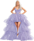 Puffy Sequins Tulle High-Low Prom Dresses for Women 2027, Glitter V Neck Formal Ball Gown Wedding Party Dress