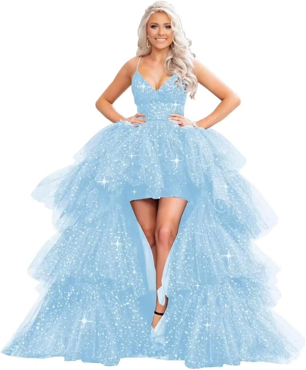 Puffy Sequins Tulle High-Low Prom Dresses for Women 2027, Glitter V Neck Formal Ball Gown Wedding Party Dress