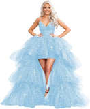 Puffy Sequins Tulle High-Low Prom Dresses for Women 2027, Glitter V Neck Formal Ball Gown Wedding Party Dress