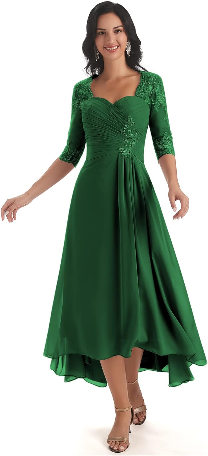 Women's Tea Length Mother of The Bride Dresses for Wedding Short Sleeves Lace Applique Formal Evening Prom Gowns