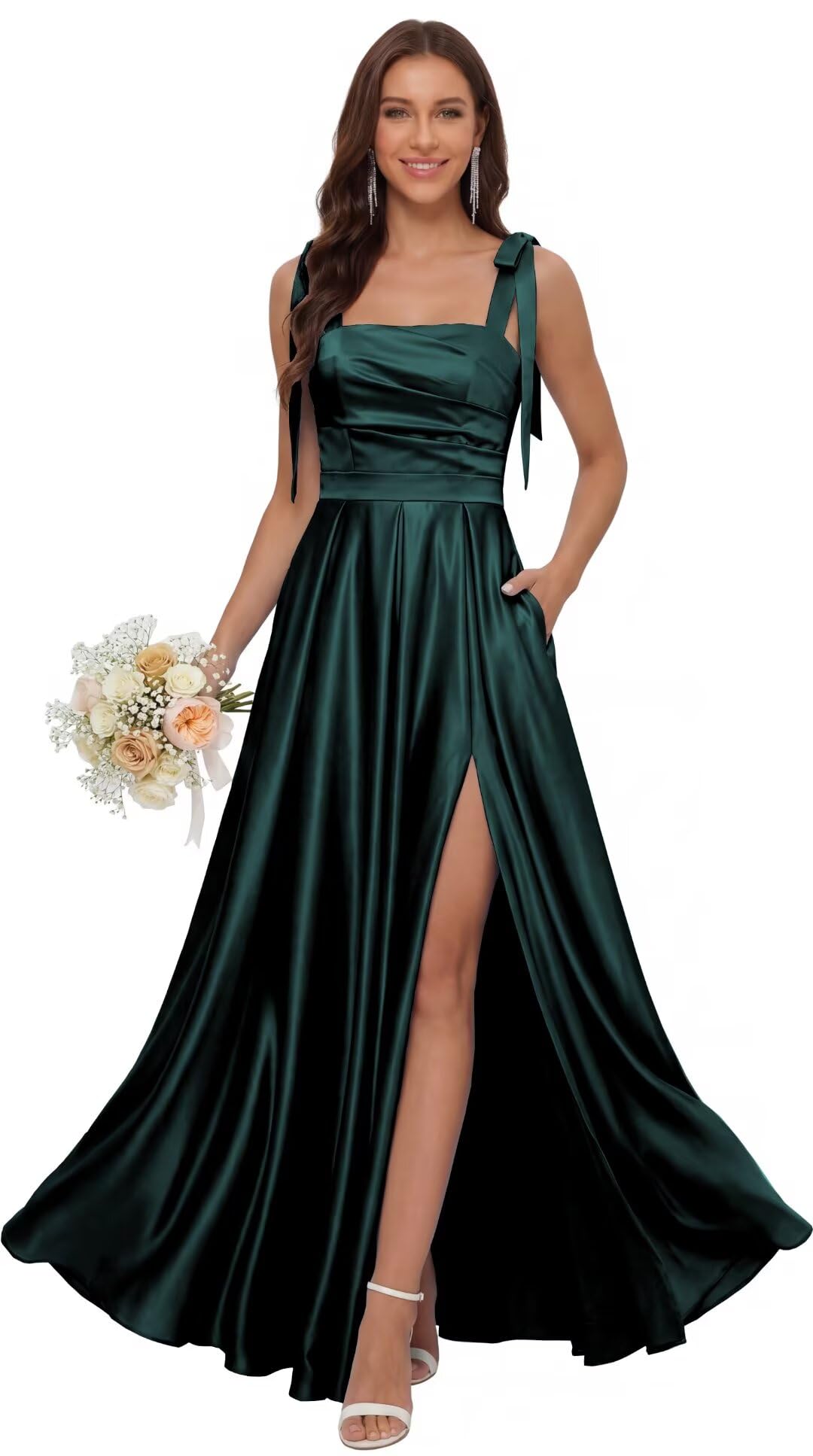 Satin Bridesmaid Dresses with Slit Spaghetti Straps Square Neck Long Formal Evening Dress