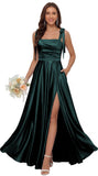 Satin Bridesmaid Dresses with Slit Spaghetti Straps Square Neck Long Formal Dress