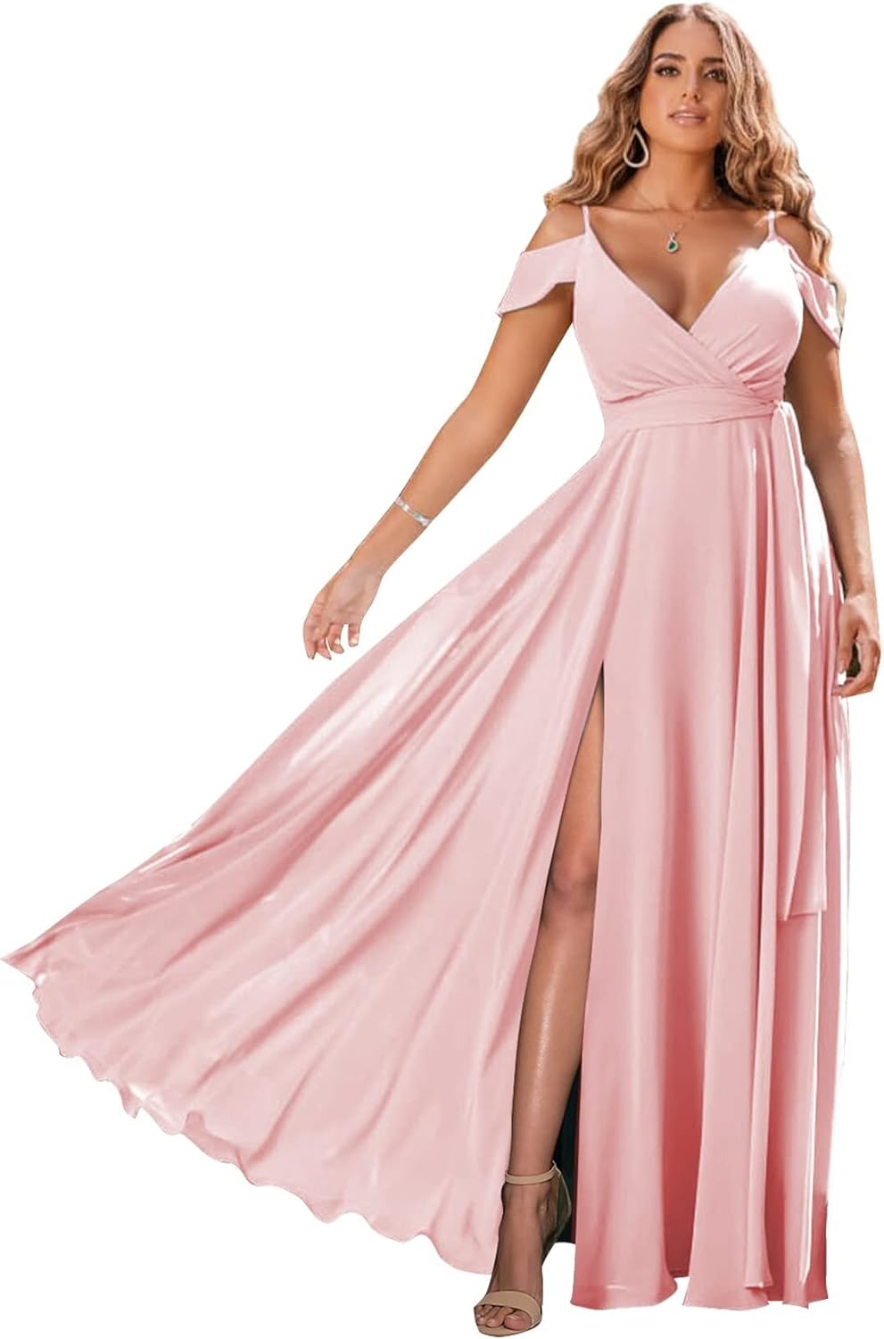 Schulterfreie Brautjungfernkleider 2025 für Frauen, langes Chiffon-Abendkleid mit V-Ausschnitt und Schlitz