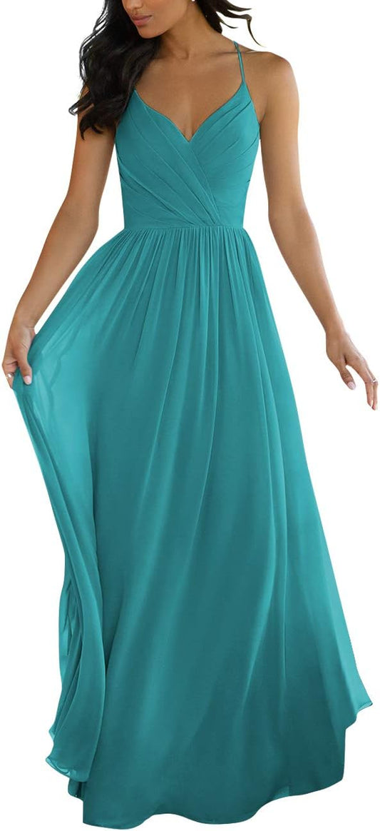 V Neck Bridesmaid Dresses for Women 2025 Long Chiffon Pleated A-line Spaghetti Strap Wedding Evening Prom Gown