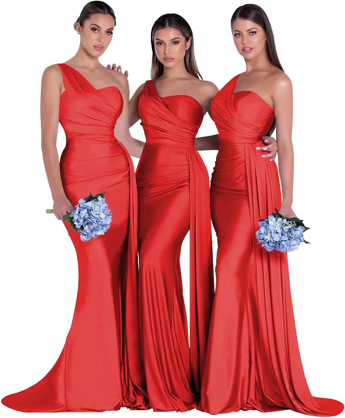 Women's One Shoulder Mermaid Bridesmaid Dresses Long Ruched Bodycon Satin Formal Prom Gowns