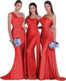 Women's One Shoulder Mermaid Bridesmaid Dresses Long Ruched Bodycon Satin Formal Prom Gowns