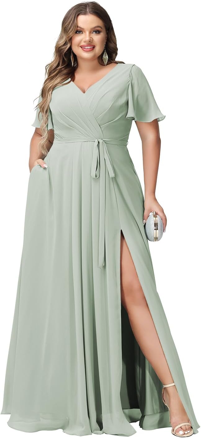 Plus Size Bridesmaid Dresses with Pockets V Neck Chiffon Flutter Sleeves Formal Evening Gowns with Slit