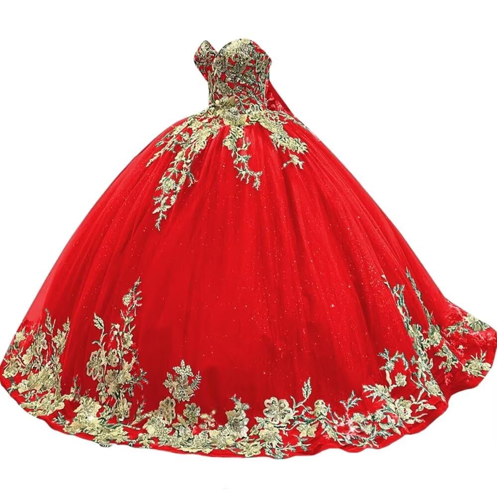 Sparkly Tulle Sweet 15 16 Quinceanera Dress Lace 3D Floral Ball Gown Strapless Puffy Prom Formal Gown