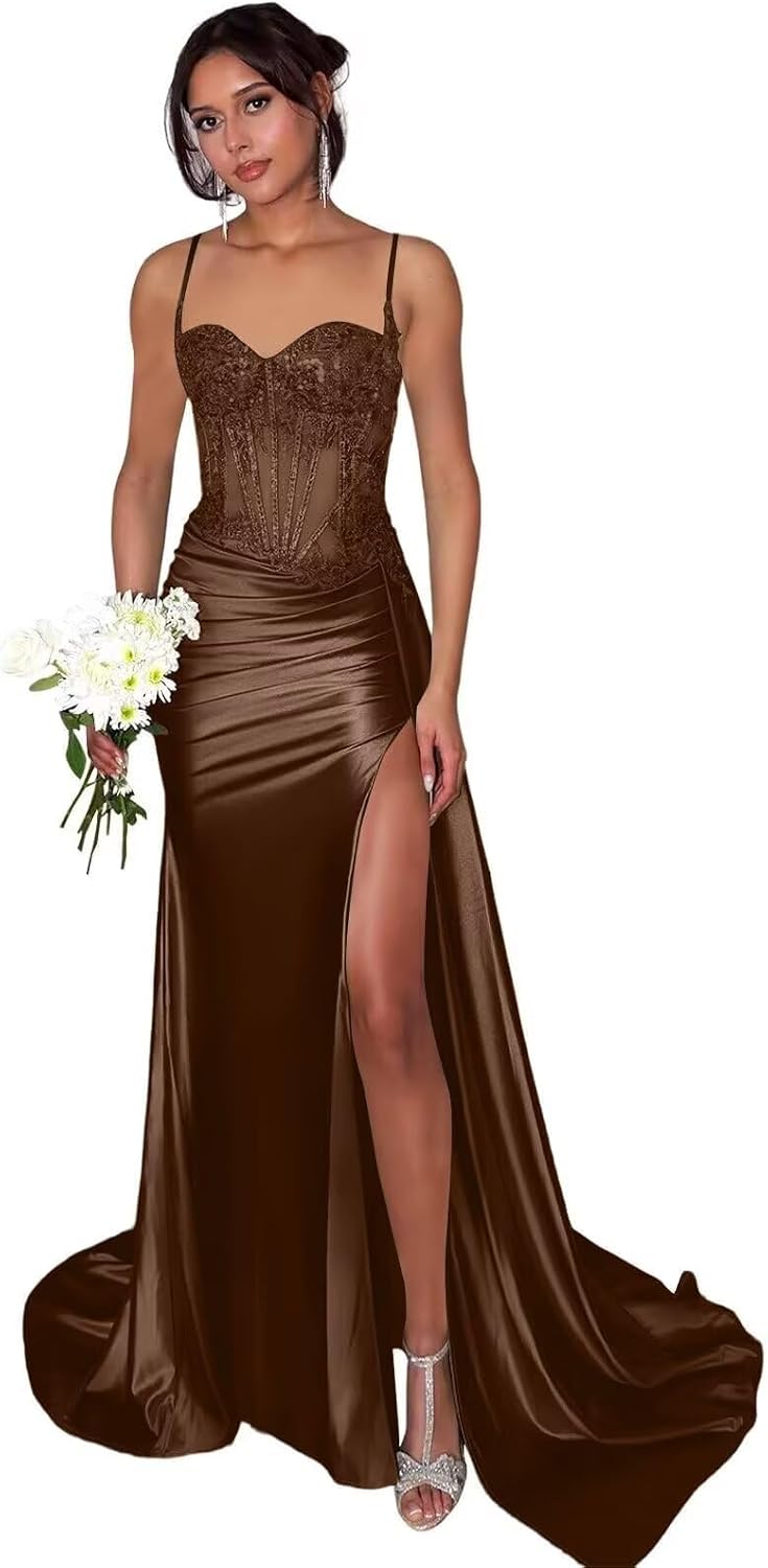 Lace Satin Prom Dresses for Women 2026 Long Mermaid Spaghetti Straps Corset Formal Evening Party Dress with Slit