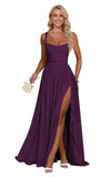 Ruffle Chiffon Bridesmaid Dress Long Square Neck Pleated Formal Gowns with Slit for Women Plus Size Spaghetti Straps Ruffles