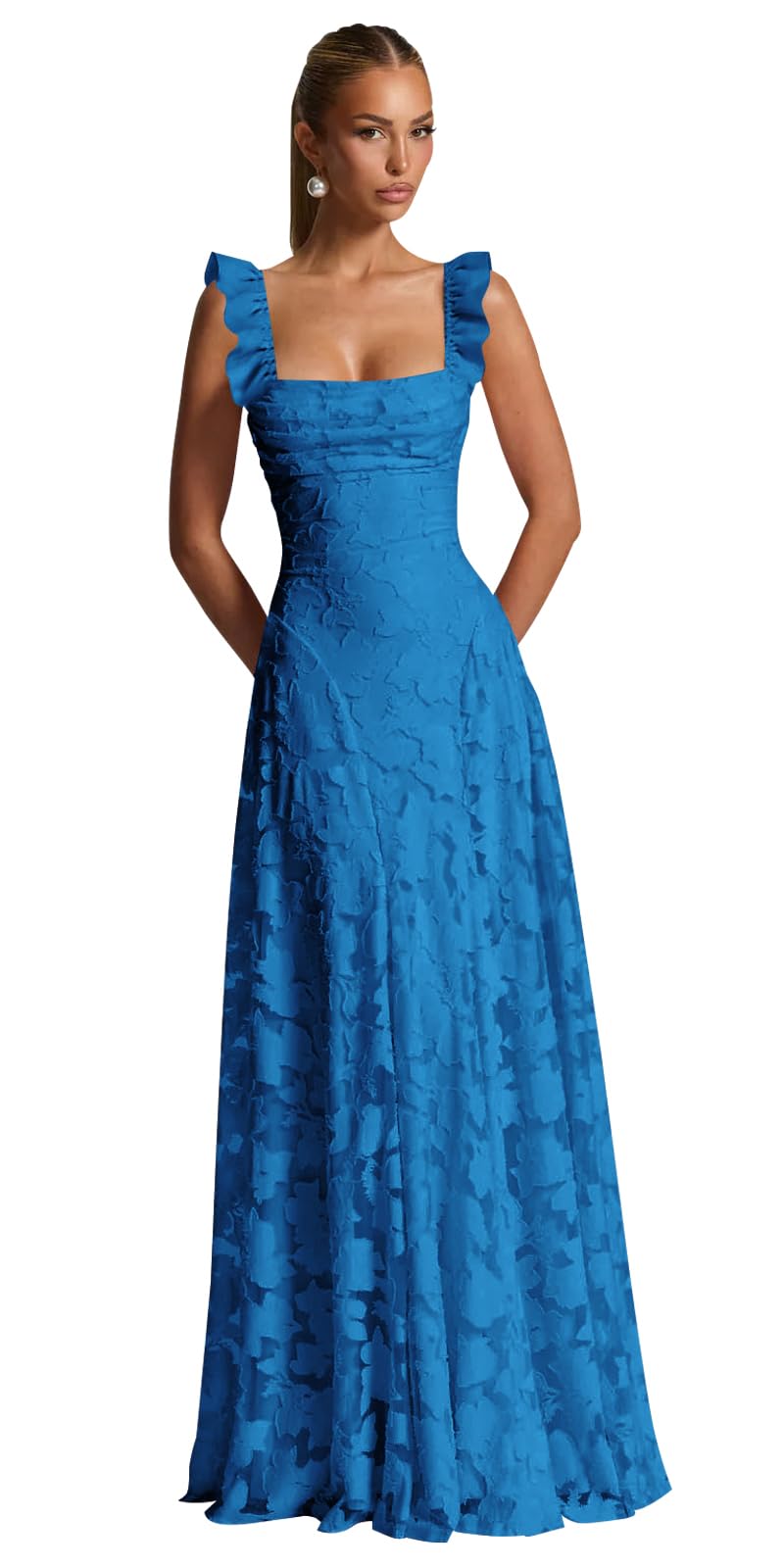 Ruched Jacquard Prom Dresses for Women Teens Ruffle Strap Floral Maxi Formal Dress Evening Gown