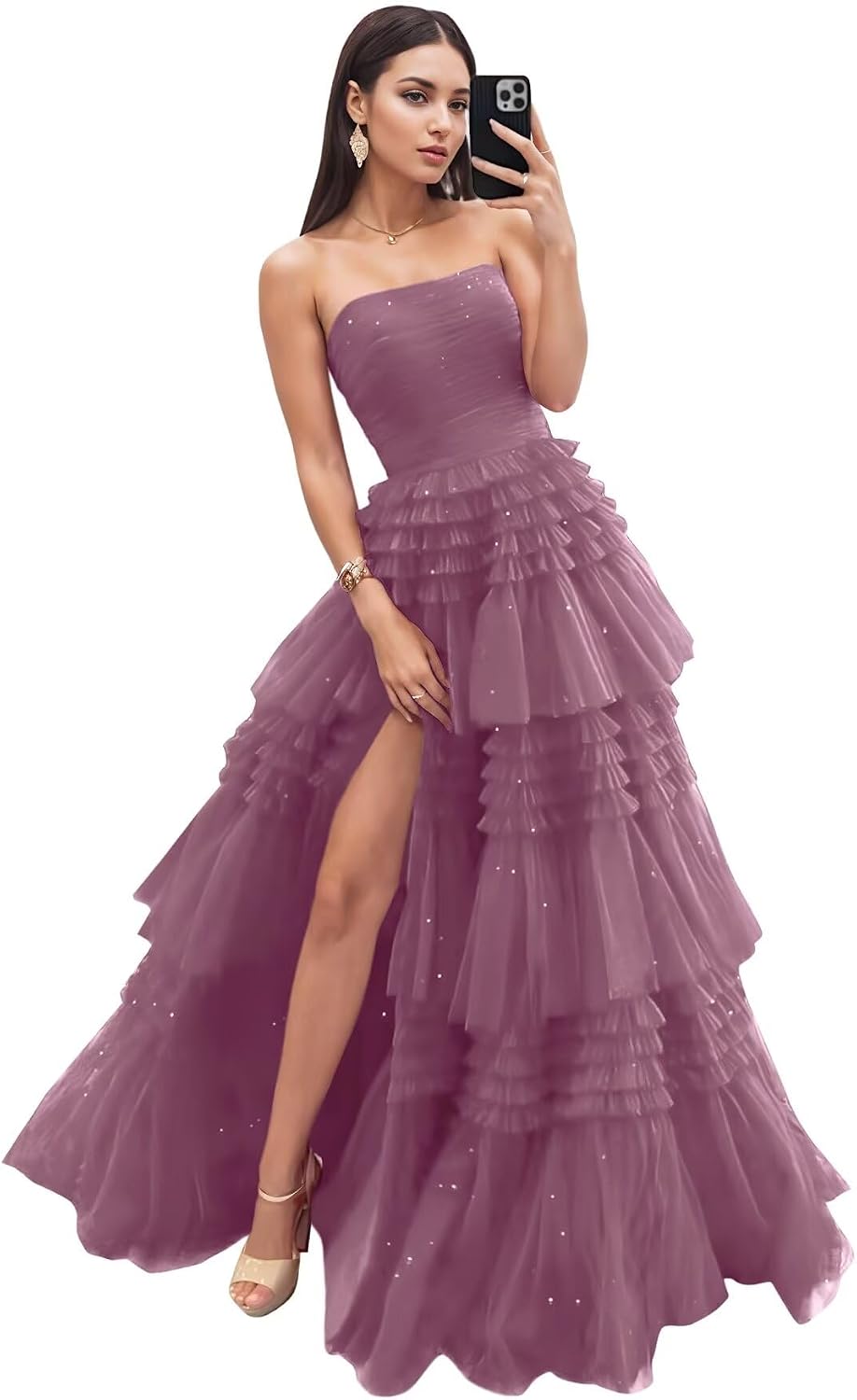 Strapless Tiered Tulle Prom Dresses for Women 2027 Long Sparkly A-Line Formal Evening Party Ball Gowns with Slit