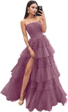 Strapless Tiered Tulle Prom Dresses for Women 2027 Long Sparkly A-Line Formal Evening Party Ball Gowns with Slit