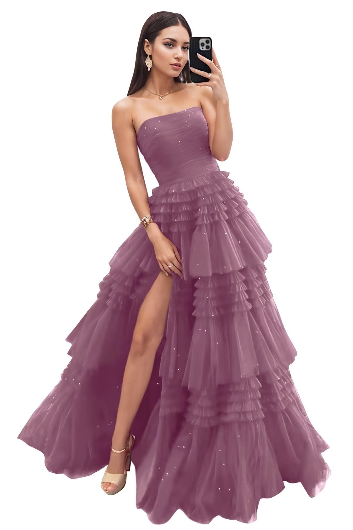 Strapless Tiered Tulle Prom Dresses for Women 2027 Long Sparkly A-Line Formal Evening Party Ball Gowns with Slit