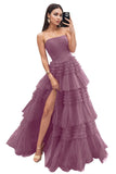 Strapless Tiered Tulle Prom Dresses for Women 2027 Long Sparkly A-Line Formal Evening Party Ball Gowns with Slit