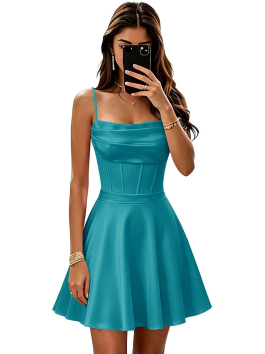 Corset Satin Homecoming Dresses Short Square Neck Spaghetti Straps Corset Satin Homecoming Dresses for Teens 2026 Flowy Mini Square Neck Short Satin HOCO Dresses A-Line Flowy Sleeveless Formal Party Dress