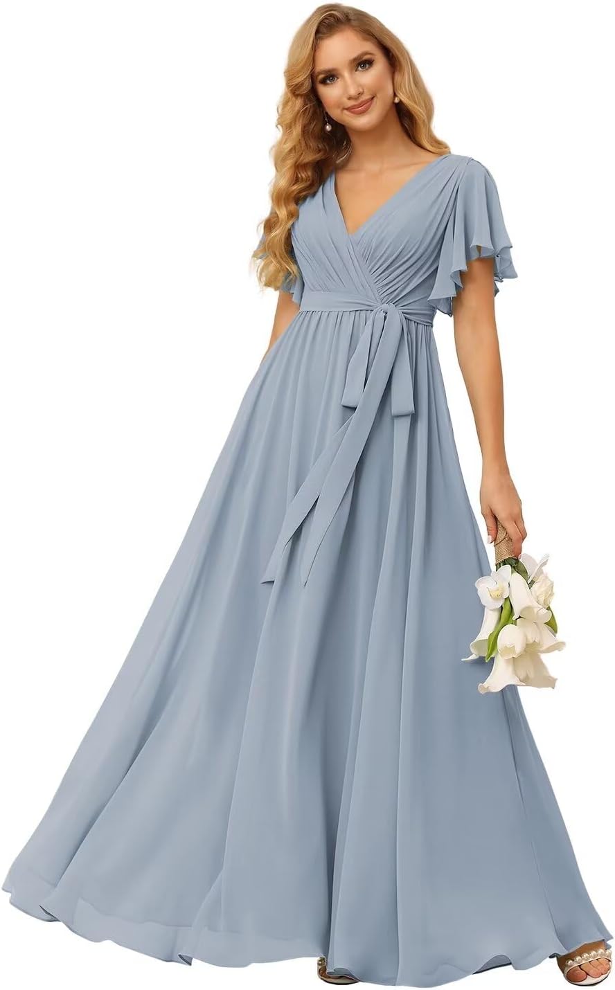 Damen Brautjungfernkleider mit Flatterärmeln, lang, mit Taschen, V-Ausschnitt, Chiffon, formelle Kleider 