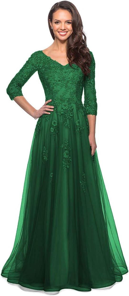 Women's Floral Lace Appliques 3/4 Sleeve Mother of The Bride Dresses Long V Neck Formal Dresses with Pockets