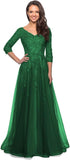 Women's Floral Lace Appliques 3/4 Sleeve Mother of The Bride Dresses Long V Neck Formal Dresses with Pockets