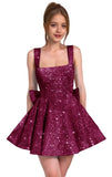 Sparkly Sequin Homecoming Dresses for Teens Short Prom Dress Square Neck Bow Formal Cocktail Gowns with Pockets