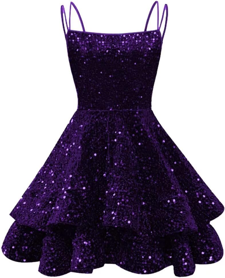 Spaghetti Straps Sequin Homecoming Dresses for Teens Sparkly Tiered Short Prom Dress 2026 Mini Cocktail Party Gown
