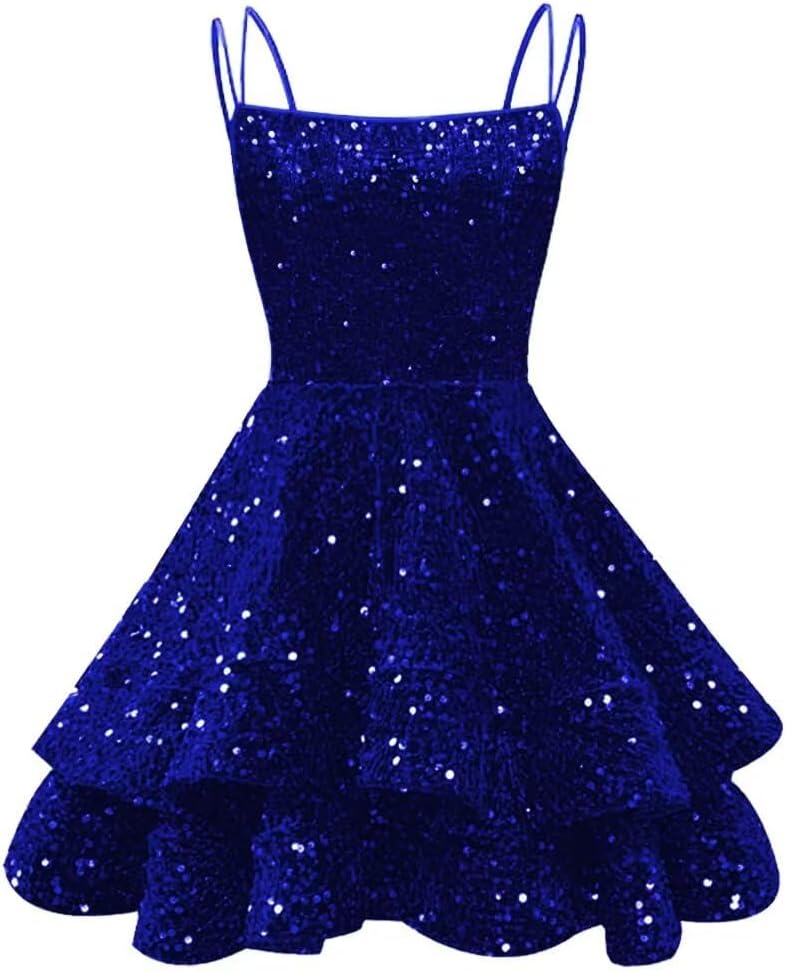 Spaghetti Straps Sequin Homecoming Dresses for Teens Sparkly Tiered Short Prom Dress 2026 Mini Cocktail Party Gown