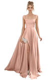 Spaghetti Straps Satin Bridesmaid Dresses for Women Long A-Line Square Neck Formal Evening Party Gown with Slit