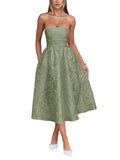 Satin Floral Jacquard Prom Dress for Women Strapless Corset Tea Length Formal Cocktail Evening Gowns