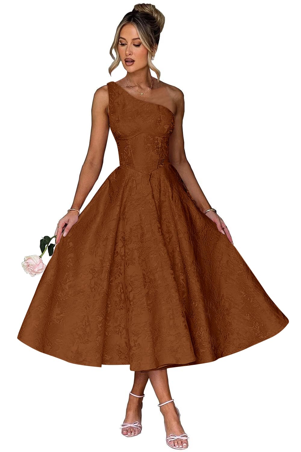 Jacquard Floral Satin Prom Dresses 2026 One Shoulder A-Line Midi Formal Evening Party Gown with Pockets for Women