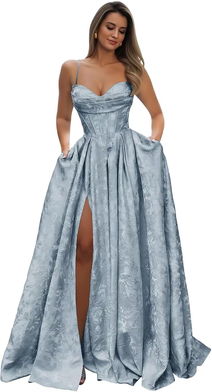 Satin Spaghetti Straps Prom Dresses for Women Jacquard Aline Backless Formal Evening Party Ball Gowns with Pockets