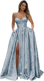 Satin Spaghetti Straps Prom Dresses for Women Jacquard Aline Backless Formal Evening Party Ball Gowns with Pockets