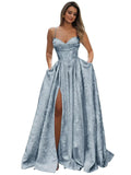 Satin Spaghetti Straps Prom Dresses for Women Jacquard Aline Backless Formal Evening Party Ball Gowns with Pockets
